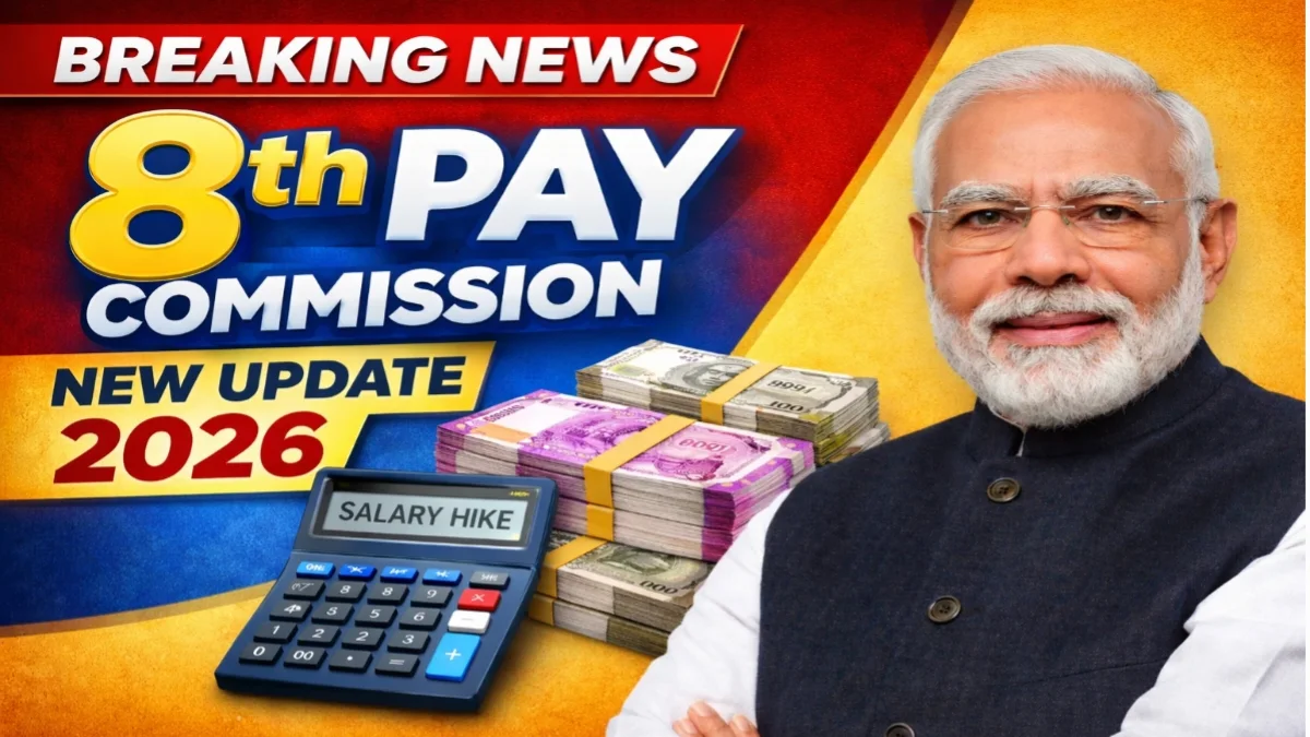 Breaking News: 8th Pay Commission New Update 2026 featuring Prime Minister Modi with salary and pension icons