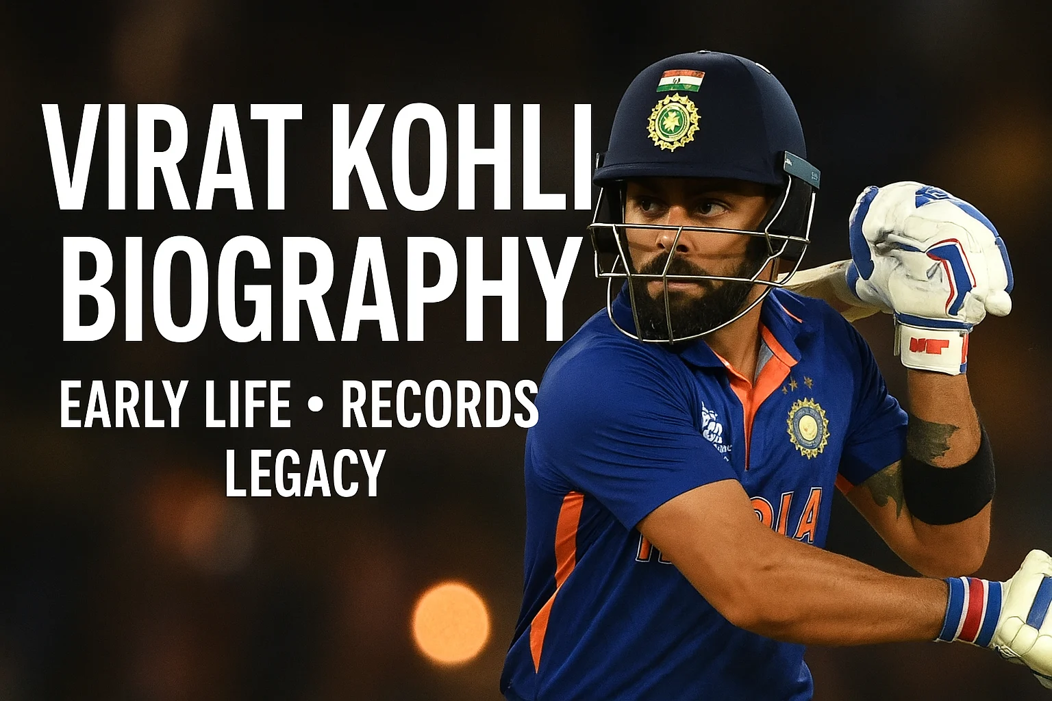 "Virat Kohli biography thumbnail featuring the cricketer in Indian jersey during a match"