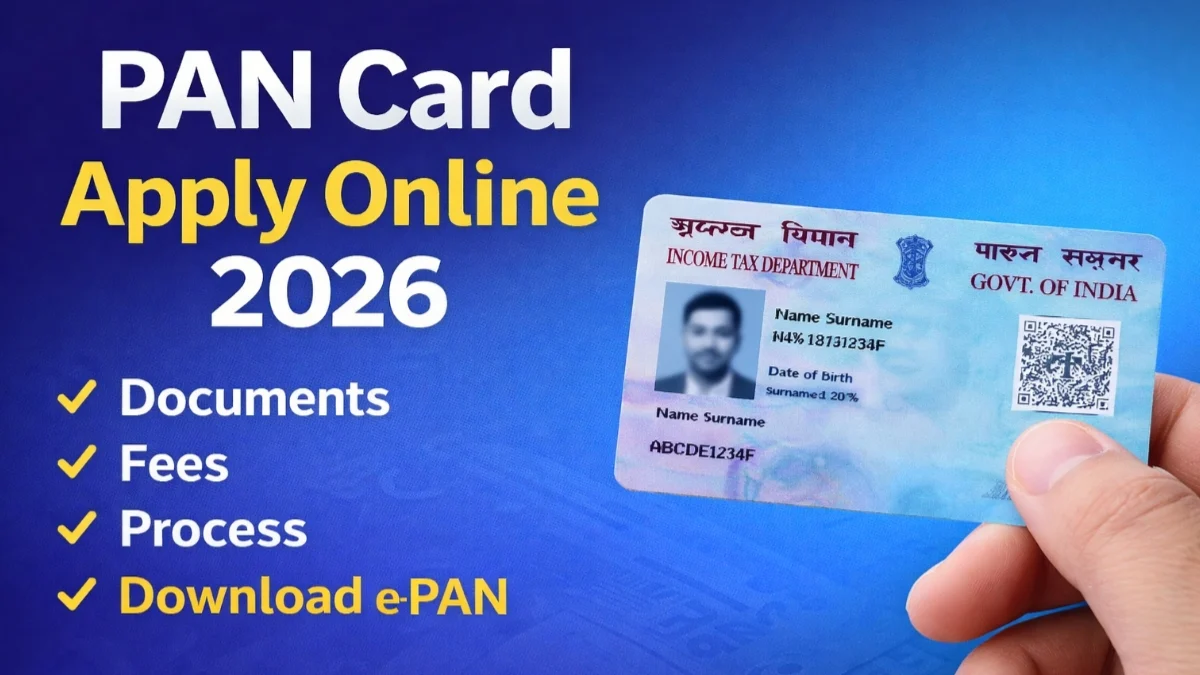PAN Card Apply Online 2026 thumbnail showing PAN card, documents, fees and e-PAN download process in India